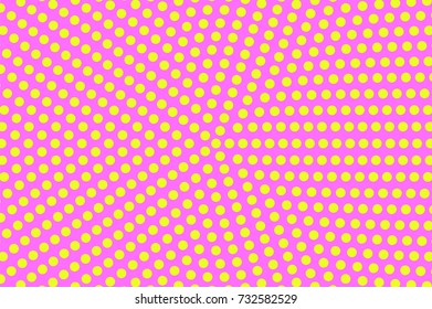 Pink yellow dotted halftone vector background. Yellow dots halftone banner template. Retro feminine backdrop. Pink dotted pattern. Radial dotted ornament. Pop art surface design. Vivid polka dot