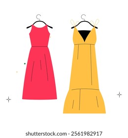 Pink And Yellow Dresses Hanging On Hangers In Flat Vector Illustration Symbolizing Fashion, Style, And Apparel, Isolated On White Background