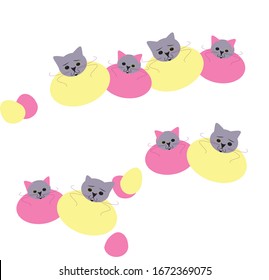 tarjeta rosa y amarilla de Pascua con gatos y huevos