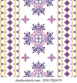 Pink and yellow ethnic boho damask seamless pattern. Patchwork texture.Traditional ornament. Tribal style. Folk motif. Idea for wallpaper, textiles, elaborate borders, and curtains.