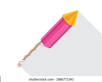 Pink and yellow firecrackers flat illustration. Cartoon bombs, rockets and crackers with fuses isolated vector illustration. Fireworks for holiday and celebration concept. Modern creative design.