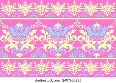 Pink and Yellow Floral Damask Pattern: A seamless, repeating pattern of delicate floral motifs in soft pink, yellow, and blue hues. The intricate design evokes a sense of elegance and sophistication