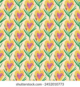 A pink and yellow flower pattern with hearts and green leaves. The flowers are drawn in a cartoon style and are arranged in a way that creates a sense of movement and energy