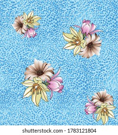 pink and yellow flower Pattern on blue background