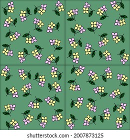 pink and yellow flower vector pattern on green background