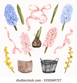 Pink, Pink And Yellow Flowers, hyacinths And Spring Mimosa Flowers With Green Leaves, Straw Pot, Ribbon, Bow

