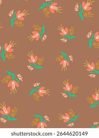 Pink and yellow flowers and leaves pattern on brown background, illustrations vector, aesthetic for wallpaper, wall decor, templates covers, art prints. Aesthetic