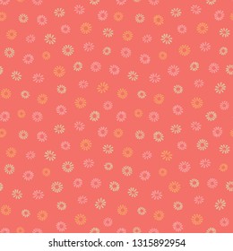 Pink and yellow flowers on coral background. Simple ditsy girly floral vector seamless pattern.