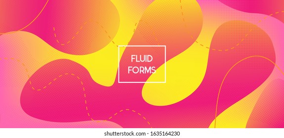 Pink Yellow Fluid Vector Banner. Glitch Simple Vibrant Cover Layout. Digital Liquid Landing Page. Technology Geometric Web Design. Organic Fluid Dynamic Elements. Waves Dynamic Background.