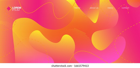 Pink Yellow Fluid Vector Banner. Vivid Minimal Contrast Banner Layout. Organic Fluid Dynamic Elements. Iridescent Geometric Web Design. Digital Liquid Landing Page. Waves Dynamic Background.