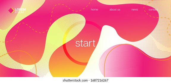 Pink Yellow Fluid Vector Banner. Organic Liquid Dynamic Elements. Futuristic Geometric Web Layout. Vivid Simple Vibrant Flyer Template. Waves Dynamic Background. Digital Fluid Landing Page.