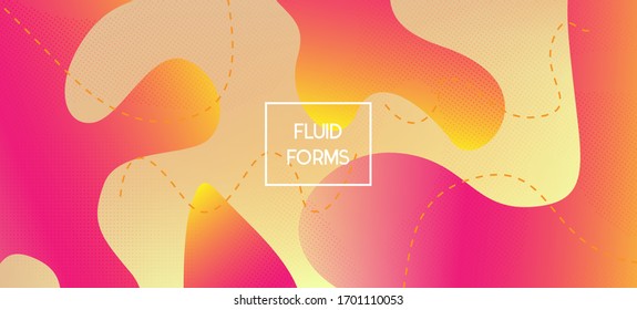 rosafarbenes Gelbes Fluid-Vektorbanner. Flüssiger dynamischer Hintergrund. Futuristisches Geometrisches Webdesign. Vivid Trendy Creative Print Layout. Digital Waves Landing Page. Organische Fluid-Dynamische Elemente.