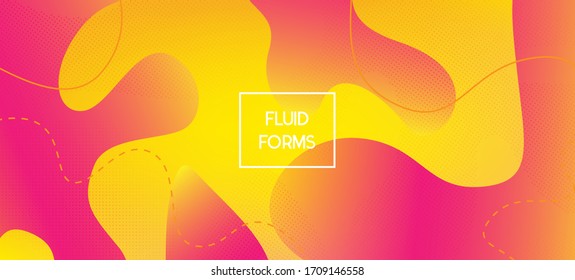 Pink Yellow Fluid Vector Banner. Futuristic Geometric Web Layout. Glitch Digital Abstract Cover Template. Digital Fluid Landing Page. Waves Dynamic Illustration. Organic Liquid Dynamic Elements.