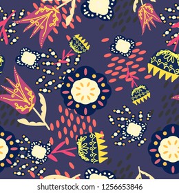 pink and yellow folk floral ornaments on a blue color