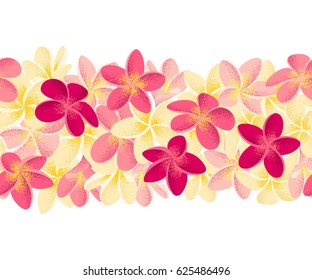 Pink and yellow frangipani (plumeria) flowers seamless stripe. Retro vector illustration