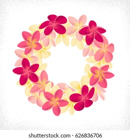 Pink and yellow frangipani (plumeria) flowers circular wreath.  Retro vector illustration. Design for invitation, banner, card, poster, flyer