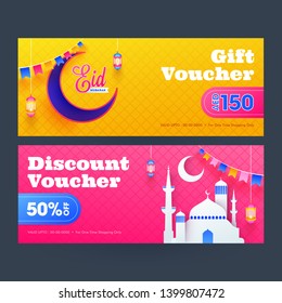 Pink and yellow gift voucher design with different discount offer for Islamic festival of Eid Mubarak.