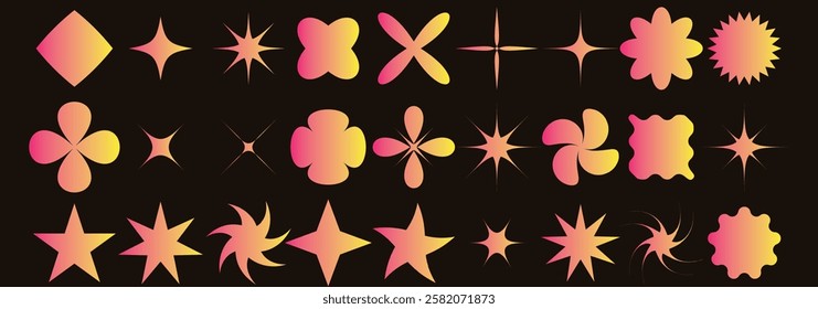 pink and yellow gradient Brutalist abstract geometric shapes and grids. Brutal contemporary figure star oval spiral flower and other primitive elements. Swiss design aesthetic.   Vector illustration.