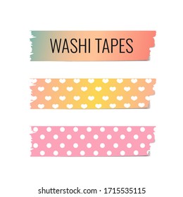 Pink and yellow gradient color washi tape, adhesive, masking, sticky paper tape mock up isolated on white background. Scrapbook design scotch with pattern dot and heart. Vector illustration