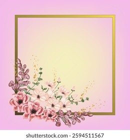 Pink yellow gradient with golden frame decorated with water color pink flowers illustration nice for greeting card