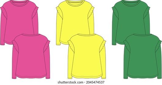 Diseño de ropa de manga larga de color rosa, amarillo y verde para las niñas. Dibujo plano de moda técnica ilustración vectorial burla de las vistas frontal y trasera aisladas en fondo blanco.