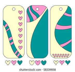 Pink, yellow and green vector tag and heart collection