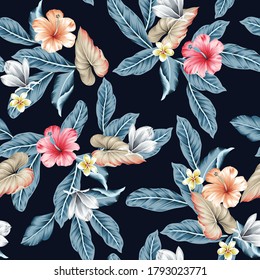 pink yellow and grey vector flowers with blue leaves pattern on navy background