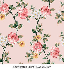 Pink Yellow And Grey Vector Flowers With Leaves Pattern On Pink Background