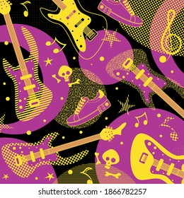 Pink and yellow guitar and shoes contour on black background seamless pattern. Vector illustration.