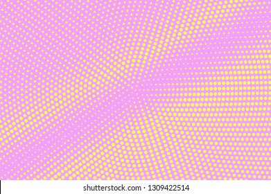 Pink yellow halftone vector background. Round halftone texture. Diagonal dotwork gradient. Grunge dotted vector background. Colorful halftone overlay. Vintage cartoon effect. Perforated texture