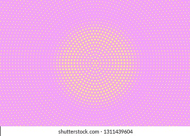 Pink and yellow halftone vector background. Centered halftone texture. Round dotwork gradient. Rough dotted vector background. Colorful halftone overlay. Vintage cartoon effect. Perforated texture