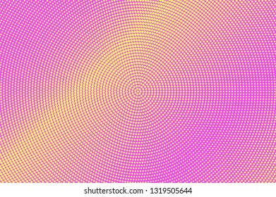 Pink and yellow halftone vector background. Bright halftone texture. Diagonal dotwork gradient. Vibrant dotted vector background. Colorful halftone overlay. Vintage cartoon effect. Perforated texture