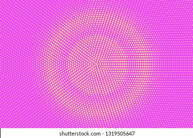 Pink and yellow halftone vector background. Round halftone texture. Centered dotwork gradient. Vibrant dotted vector background. Colorful halftone overlay. Vintage cartoon effect. Perforated texture