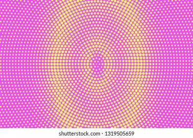 Pink and yellow halftone vector background. Centered halftone texture. Oval dotwork gradient. Vibrant dotted vector background. Colorful halftone overlay. Vintage cartoon effect. Perforated texture