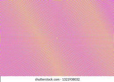 Pink yellow halftone vector background. Round halftone texture. Diagonal dotwork gradient. Retro dotted vector background. Colorful halftone overlay. Vintage cartoon effect. Perforated texture