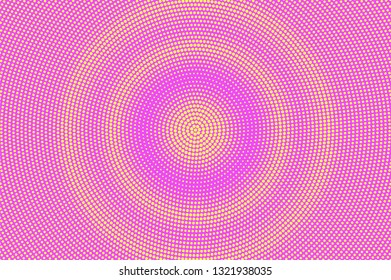 Pink yellow halftone vector background. Round halftone texture. Centered dotwork gradient. Retro dotted vector background. Colorful halftone overlay. Vintage cartoon effect. Perforated texture