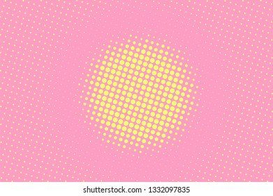 Pink yellow halftone vector background. Frequent halftone texture. Centered dotwork gradient. Pastel dotted vector background. Retro halftone overlay. Vintage cartoon effect. Perforated texture