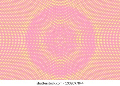 Pink yellow halftone vector background. Round halftone texture. Centered dotwork gradient. Pastel dotted vector background. Retro halftone overlay. Vintage cartoon effect. Perforated texture