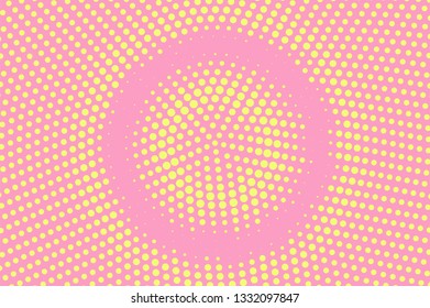 Pink yellow halftone vector background. Grungy halftone texture. Centered dotwork gradient. Pastel dotted vector background. Retro halftone overlay. Vintage cartoon effect. Perforated texture