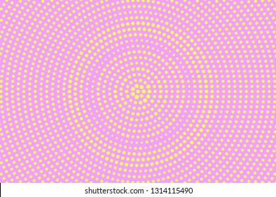 Pink and yellow halftone vector background.Round halftone texture. Concentrated dotwork gradient. Rough dotted vector background. Colorful halftone overlay. Vintage cartoon effect. Perforated texture