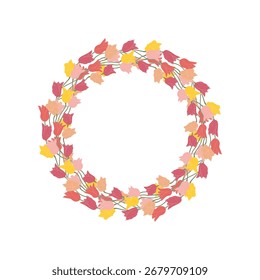 Rosa y amarillo dibujado a mano línea arte tulipanes flores corona aislada sobre fondo blanco. Ilustración vectorial de marco botánico minimalista