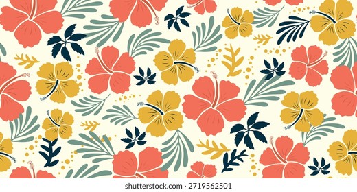 pink and yellow hibiscus design pattern, blue leaf on white background. hibiscus motif summer patterns for Hawaiian shirts. botanical motif floral hibiscus. beautiful pattern flowers, seamless print.