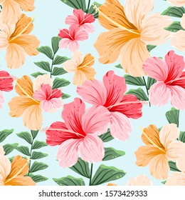 pink and yellow hibiscus flower seamless pattern for decoration, wallpaper and another use. editable object with eps file