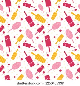 Pink and yellow ice cream seamless pattern. Great for yummy summer dessert wallpaper, backgrounds, packaging, fabric, scrapbooking, and giftwrap projects. Surface pattern design.