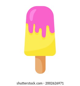 Helado rosa y amarillo, ilustración vectorial en estilo plano. Helado refrescante en el palo. Postre de verano. Impresión positiva para textiles, web, tarjetas, diseño y decoración. Helado de frutas o de bayas