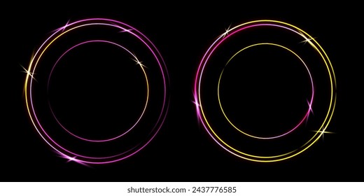 Pink and yellow laser glowing circle isolated on a black background. Neon circles. Abstract vector illustration.