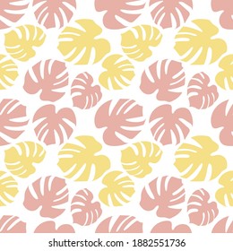 Pink and yellow leaves of monstera on a white background. Vector seamless pattern. It can be used for clothing design, printing on fabrics, wrapping paper decoration, notebooks, phone cases.