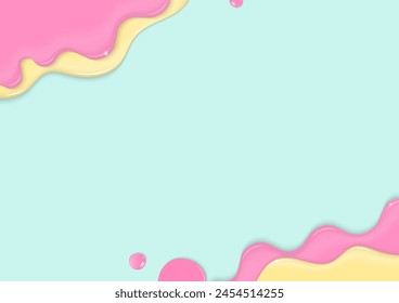 Pink and yellow liquid flow on a green background with copy space.