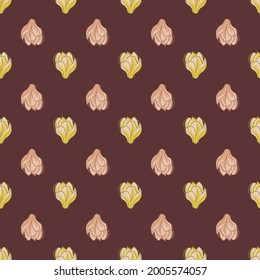 Pink and yellow little magnolia flowers seamless doodle pattern. Dark maroon background. Plants print. Flat vector print for textile, fabric, giftwrap, wallpapers. Endless illustration.