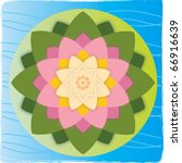 Pink and Yellow Lotus Flower with Foliage on Water Background Top View